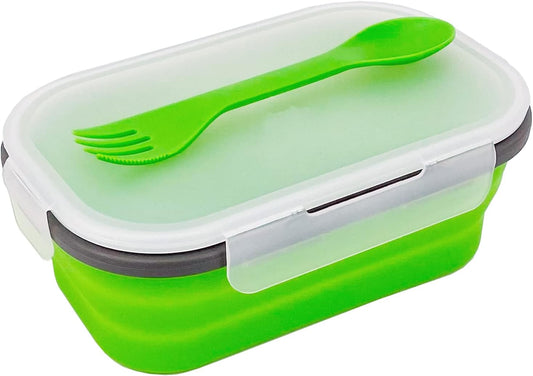 Green Food Grade Silicone Lunch Container Bento Box, Collapsible Food Storage Containers with Airtight Lids and 2in1 Fork, Reusable Food Container for Travel Camping, 1000ml Microwave Container