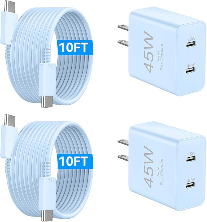 Phone 17 Charger Fast Charging, 45W Dual USB C Charger Block,USB C Wall Chargers with 10FT Long USBC Charging Cable Cord for Phone 17 16 15 Pro Max/17 16 15 Pro/17 16 15/Plus,Pad Pro/Air,S25/S24-Blue