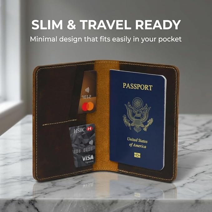 Rustique Leather Passport Holder Collection - Handmade Travel Wallet & Organizer - Full Grain Crazy Horse Leather Covers for Men & Women (Multiple Styles) (Standard Passport Cover - Tobacco & Honey)