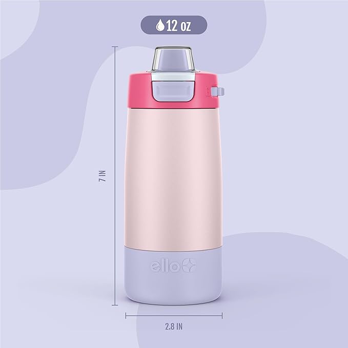 Ello Kids Colby 12oz Stainless Steel Insulated Water Bottle with Straw and Built-In Silicone Coaster Carrying Handle and Leak-Proof Locking Lid for School Backpack, Lunchbox, and Outdoor Sports