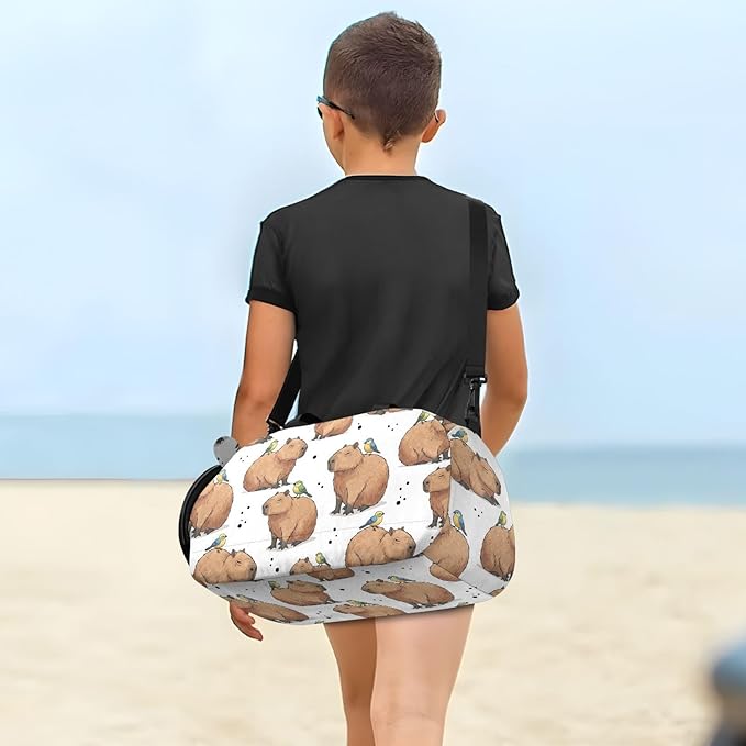 Capybara Bird White Pattern Kids Sports Duffle Bag for Boys Girls Toddler Weekender Overnight Bag with Shoe Compartment & Wet Pocket Kids Carry On Shoulder Bag for Travel Gym Sport Dance