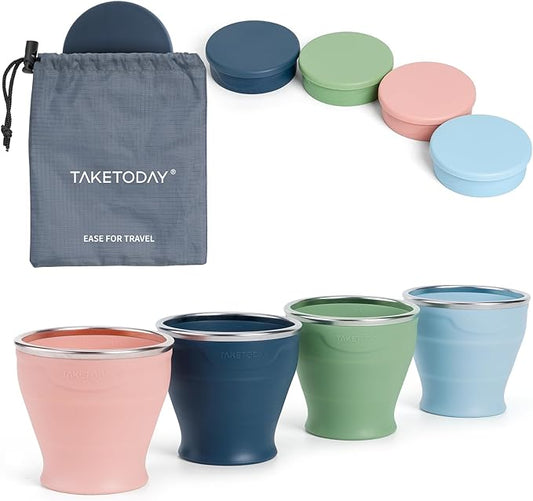 TakeToday 4PCS Collapsible Travel Cup 8 oz - Silicone Foldable Water Cup, BPA-Free with Lid & Waterproof Bag - Drinking Cup Set for Camping, Outdoors & International Travel