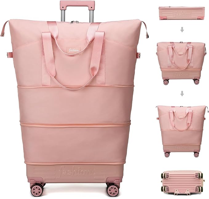 Rolling Duffle Bag with Wheels and Handle, Expandable Foldable Travel Bag with Wheels, Carry On Rolling Duffle Bag Collapsible for Weekend Trip, Gym, Hockey, Large Capacity & Waterproof (Pink)