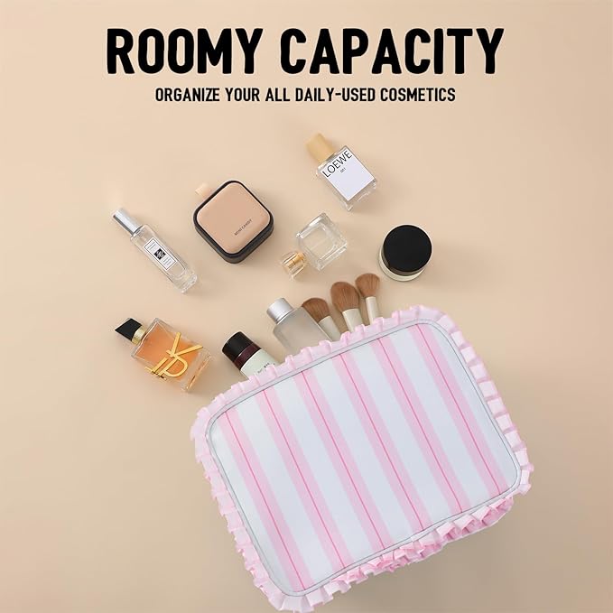 Stripe Ruffle Makeup Bag,Large Travel Cute Cosmetic Bag for Women Girls,Toiletry Bag Make up Organizer 11.8 x 4.7 x 9 inch (Pink Stripe)