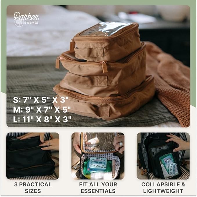 Parker Baby Co. Lightweight Packing Cube Set 3-Pack | Collapsible, Durable, Mesh & Clear Top | Travel Organizer for Diaper Bags, Luggage - Smoke/Harbor Gray Stripe