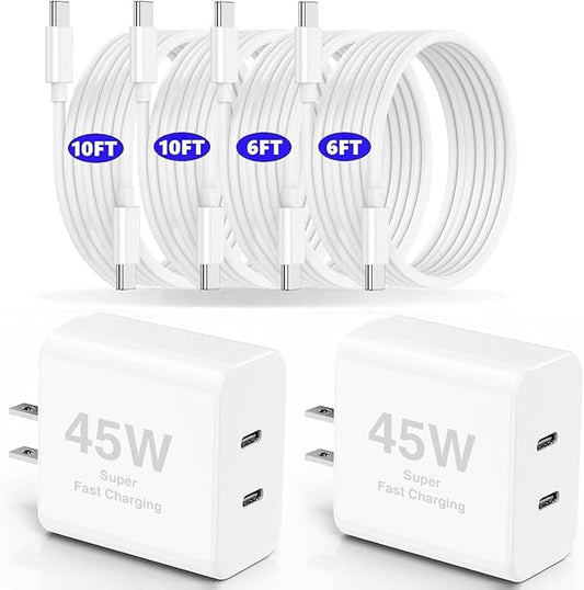 Dual Port 45W iPhone 17 16 15 Fast Charger Block and 6ft 10ft Type C to USB C Cable Cord Long, iPad Wall Charging Plug Cube Brick for Apple iPhone 17 Pro Max/17 Air/16 e/16 Pro/15 Plus/15 Mini/Samsung