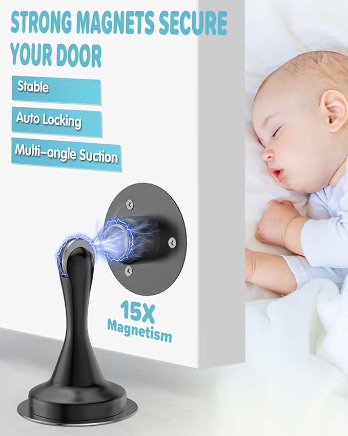 Door Stoppers Magnetic Door Catch - 6 Pack Stainless Steel Heavy Duty Door Stops for Bottom of Door, Wall & Floor Mounting No-Drill Strong Adhesive & Screws, Door Holder to Keep Door Open
