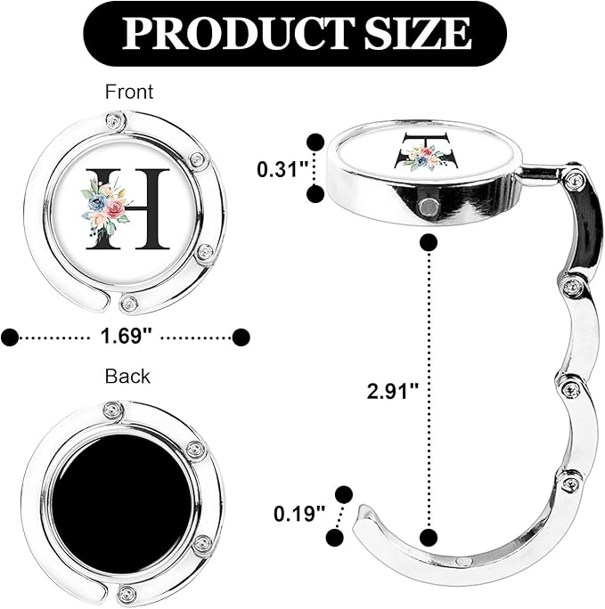 XSUIOY 3Pcs Personalized Initial Foldable Purse Hook for Table,Crushed Flower Letters Folding Purse Hanger,Purse Holder Handbag Hanger Collection Desk Table Bag Hooks Gifts for Women Bag(Black-H)