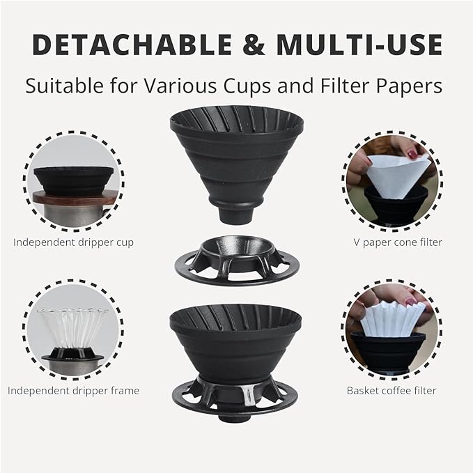 Collapsible Coffee Dripper, Silicone Reusable Coffee Filter Holder, Pour Over Coffee Dripper for Camping, Business Trip, Single Pour Over Coffee Maker (Black)