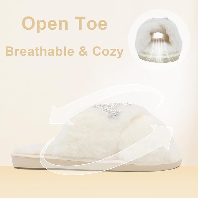 MAIITRIP MAMA Slippers for Women Fuzzy Mom Slippers with Pearls Rhinestones Fluffy Cozy Indoor House Shoes Gift for New Mom Mother's Day Gifts