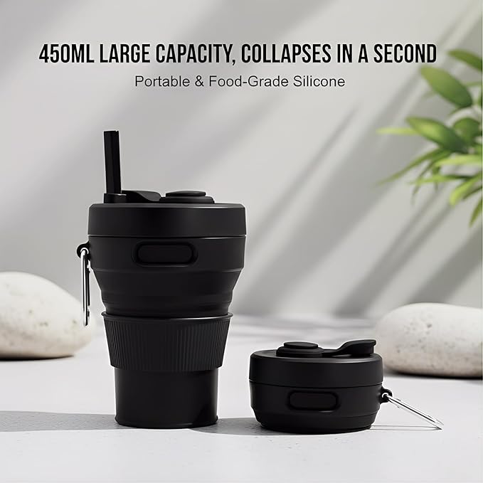 Silicone Coffee Mug Collapsible Cups for Camping Folding Travel with Straw Reusable Portable Drinking Cups Outdoor Hiking 450ml (Black-450ml, 1)