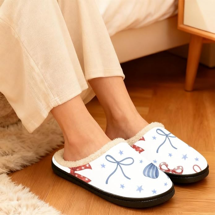 Slippers Women Indoor Bow Graphic Pattern Flannel Cotton Slipper Non Slip Machine Washable Comfy His and Hers Shoes Gifts for 40 Year Old Woman Room Essentials for Women