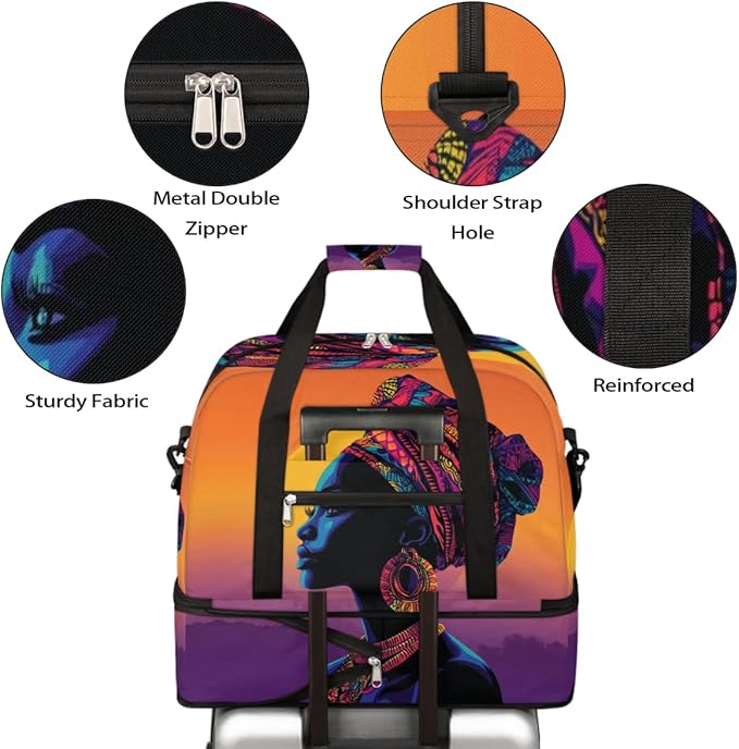 Foldable Travel Duffel Bag for Women - Carry on Personal Item Bag with Shoes Compartment, Weekender Overnight Duffle Bags Sport Tote Gym Luggage for Airplanes(Traditional African woman)