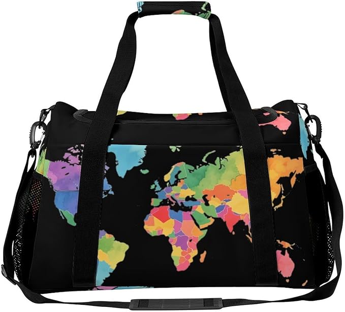 Colorful World Map Duffle Bag Gym Bag for Workout Travel Tote with Detachable Straps