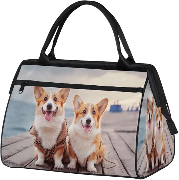 Gym Bag for Women Men, Two Cute Corgi Dogs Beach Pet Sports Duffel Bags, Waterproof Travel Weekender Overnight Carry On Tote Bags for Travel Sports