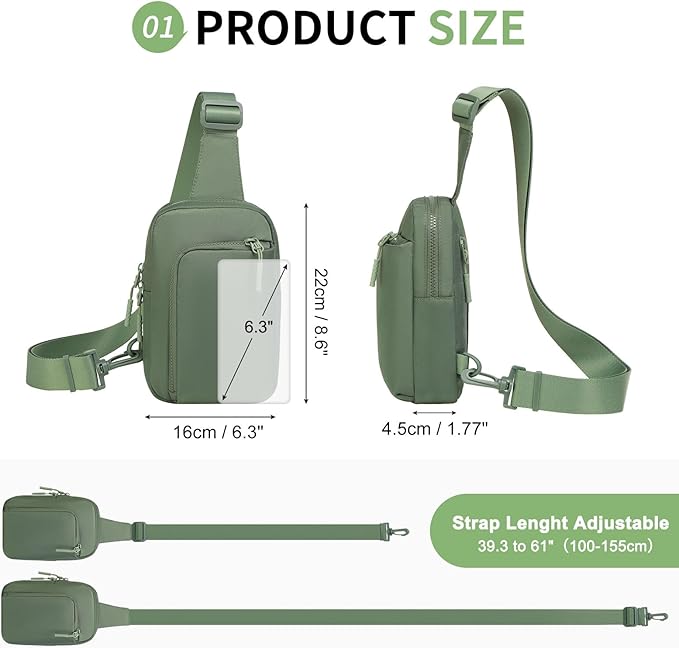 Mini Sling Bag for Men Women, Small Travel Fanny Packs Crossbody Anti Theft Reversible Nylon Chest Bag for Running Hiking (Green)