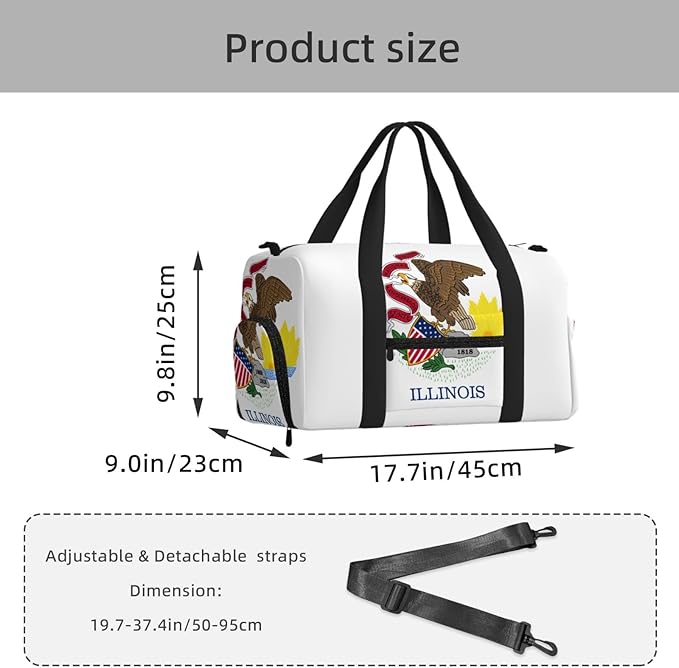 Illinois State Flag Print Gym Bag with Shoe Compartment for Women Men, 17.7in Sports Duffle Weekender Tote, Overnight Travel Duffel Bag Carry On