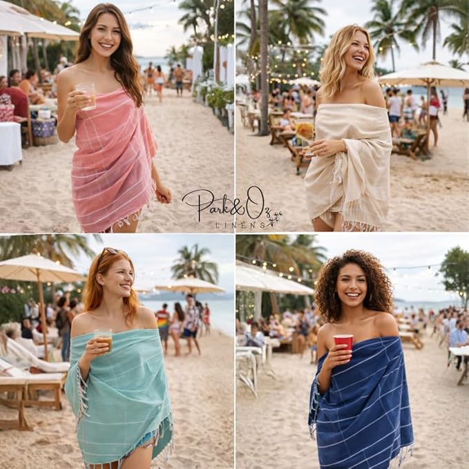 PARK&OZ Turkish Beach Towel – Oversized 100% Cotton Quick-Dry & Sand-Free Blanket 72"x40" – Ultra-Absorbent, Lightweight & Compact Pool Towel for Beach, Travel, Spa, Gym, Camping & Tie-Dye (White)