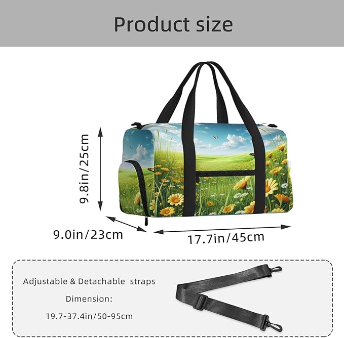 Sunny Meadow Print Gym Bag with Shoe Compartment for Women Men, 17.7in Sports Duffle Weekender Tote, Overnight Travel Duffel Bag Carry On