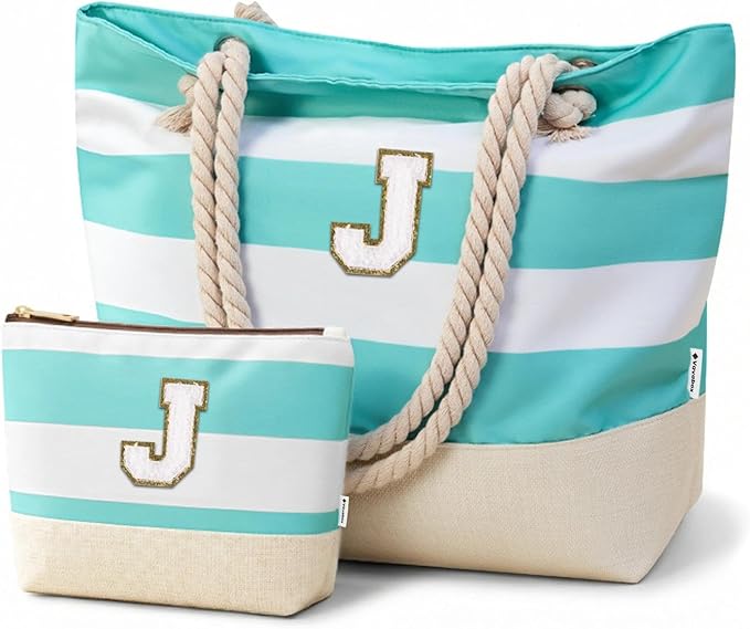 Vavabox Initial Beach Tote Bag for Women, Water-resistant Foldable Travel Beach Bag Set, Birthday Gifts for Women Mom