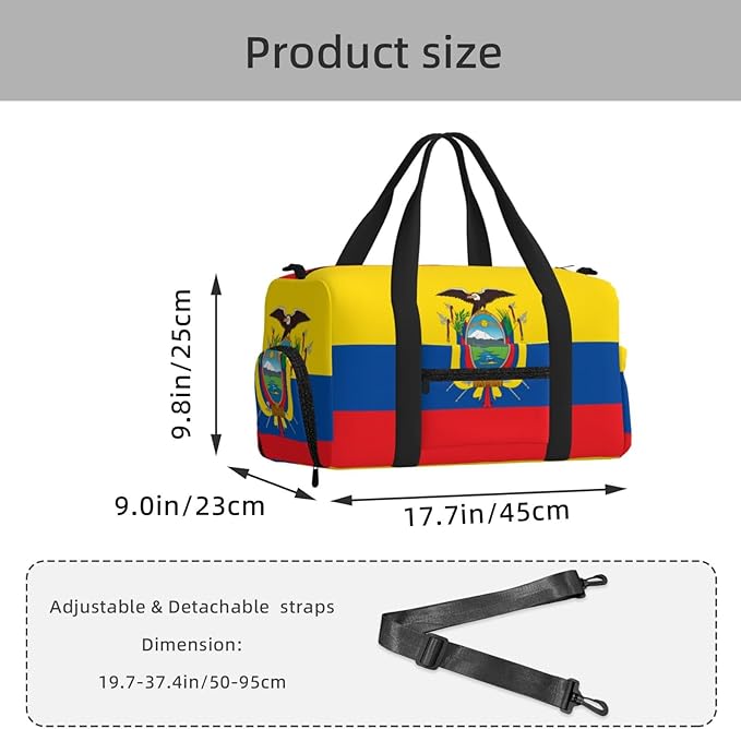 Flag of Ecuador Print Gym Bag with Shoe Compartment for Women Men, 17.7in Sports Duffle Weekender Tote, Overnight Travel Duffel Bag Carry On