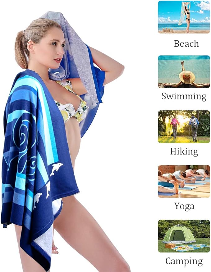 Beach Towel,30"x60" Microfiber Beach Towels for Travel, Absorbent Quick Dry Towel for Swimmers Pool Sand Proof Beach Towels for Women Men Girls Kids, Beach Accessories (Dolphin-2pc, 2pcs)