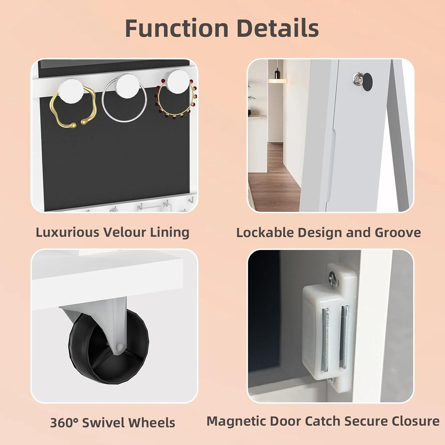 RQZ 360° Rotating Jewelry Organizer with Lights, 8 LEDs Jewelry Cabinet Armoire Standing, Lockable Jewelry Storage with Full-Length Mirror, 4 Storage Shelves, Interior Mirror(65.35" H)