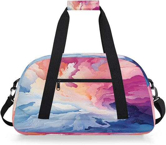 Sports Duffel Bags, Pink Blue Watercolor Splashes Water-Resistant Gym Duffle Bag for Men Women, Lightweight Weekender Overnight Bag for Fitness, Workout, Travel