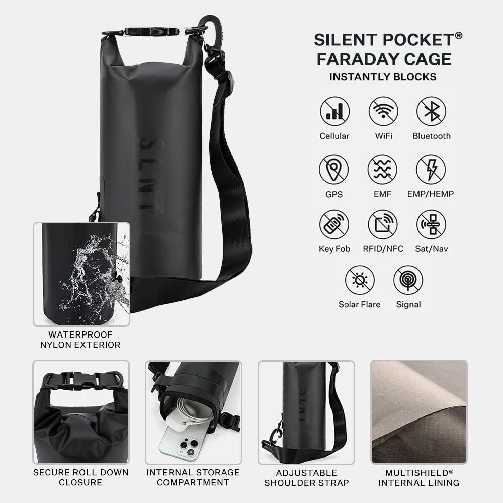 SLNT Waterproof Faraday Dry Bag - 420D Waterproof Nylon Signal Blocking Backpack - Protects Electronics from Water, Spying, Hacking - Blocks RFID, WiFi, Bluetooth, NFC, Cellular, GPS, EMF (2.5 Liter)