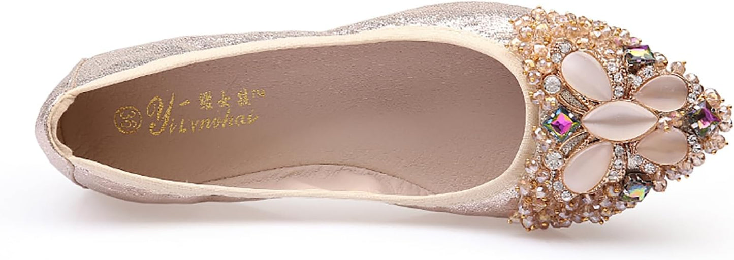 Women Ballet Flats Sparkly Rhinestone Wedding Ballerina Shoes Pointed Toe Foldable Comfort Slip on Flat Dress Shoes