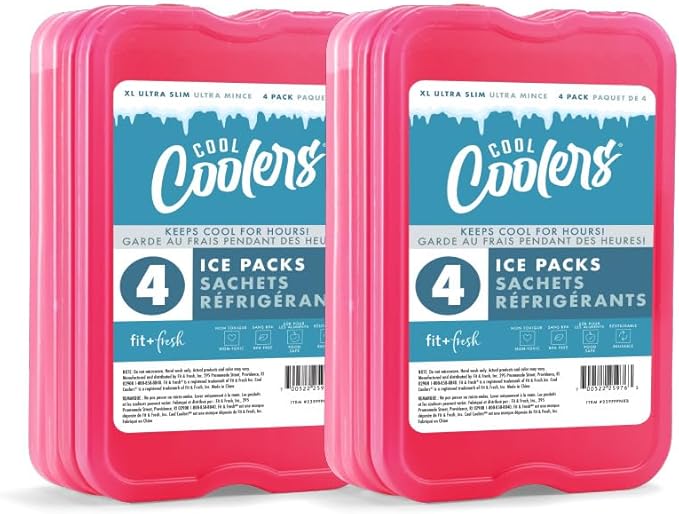 Cool Coolers by Fit + Fresh Slim Compact Reusable XL Ice Pack, Perfect for Lunch Boxes, Coolers, and Beach Bags, 8 Pack, Pink