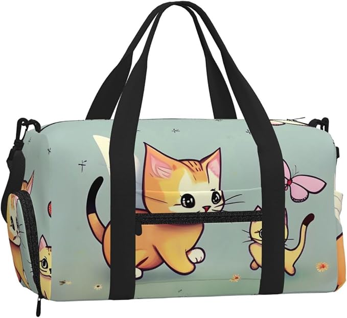 Kitten Butterfly Print Gym Bag with Shoe Compartment for Women Men, 17.7in Sports Duffle Weekender Tote, Overnight Travel Duffel Bag Carry On
