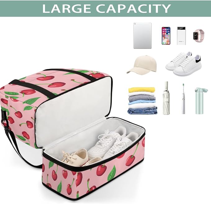 Pink Fruit Cherry Large Weekender Bag with Shoe Compartment Travel Duffel Bags for Women Carry On Hospital Overnight Bag Foldable Personal Item Travel Bags Tote Gym Sports Airplanes