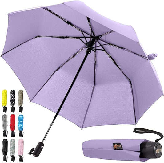 GORILLA GRIP Strong Windproof Stick Compact Umbrella for Rain, One-Click Automatic Open and Close, Durable Quick Dry Waterproof Material, Lightweight and Portable, Travel Size Fits Backpack, Purple
