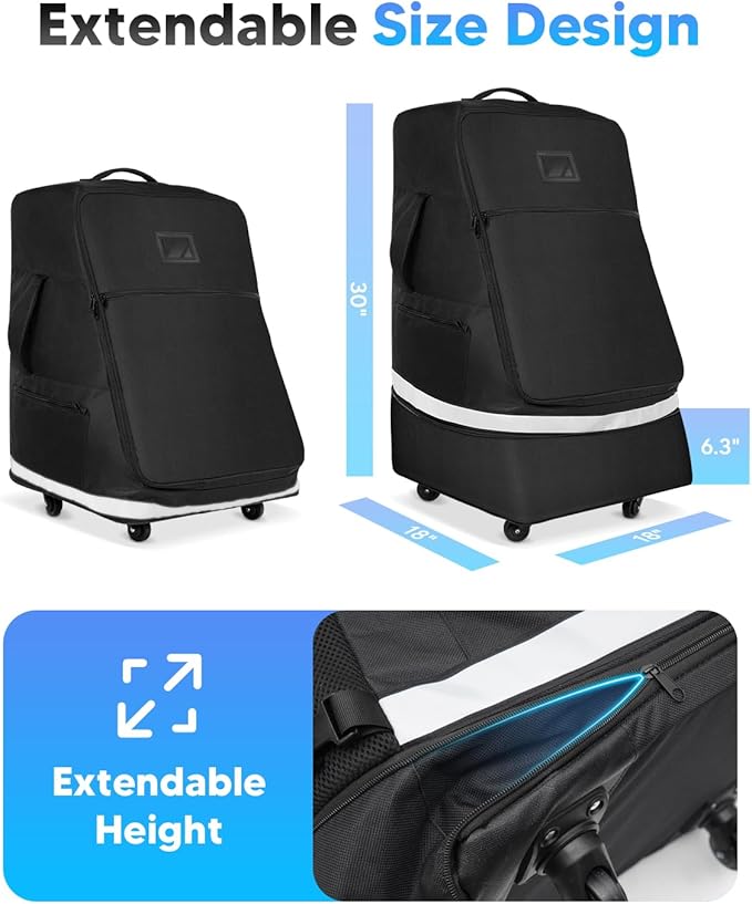 Car Seat Travel Bag for Airplane with Swivel Wheel, Extendable Height Padded Carseat Travel Backpack Large Storage Bag, Baby Infant Booster Seat Bags for Air Travel