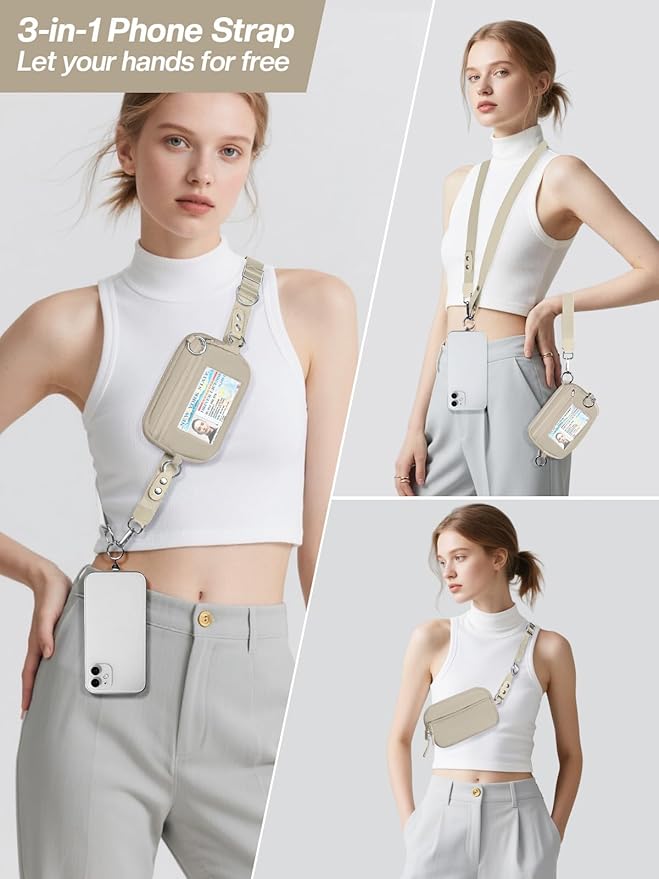Clip and Go Strap for Phone with Wallet Crossbody Phone Lanyard Adjustable and Detachable RFID Wristlet Wallet with ID Window and Zipper, Khaki