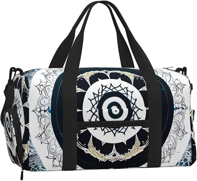 Black White Round Totem Print Gym Bag with Shoe Compartment for Women Men, 17.7in Sports Duffle Weekender Tote, Overnight Travel Duffel Bag Carry On