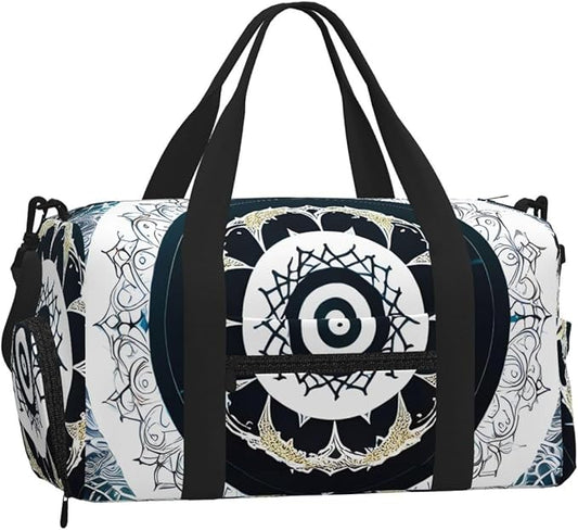 Black White Round Totem Print Gym Bag with Shoe Compartment for Women Men, 17.7in Sports Duffle Weekender Tote, Overnight Travel Duffel Bag Carry On