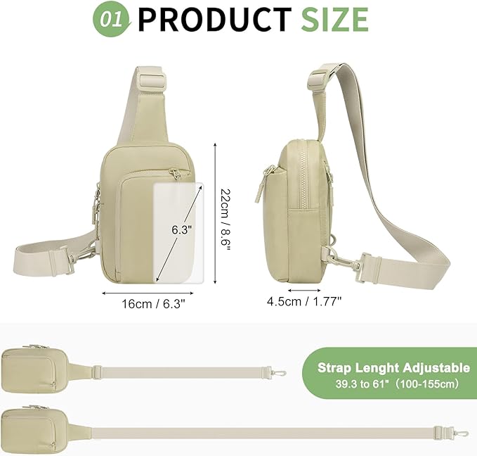 Mini Sling Bag for Men Women, Small Travel Fanny Packs Crossbody Anti Theft Reversible Nylon Chest Bag for Running Hiking (Khaki)