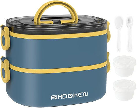 Lunch Box, Stackable 2 Layers Containers, Portable 64OZ Large Capacity Leakproof Bento Box with Spoon & Fork & Sauce Boxes, Microwave Safe Lunch Box for Kids and Adults