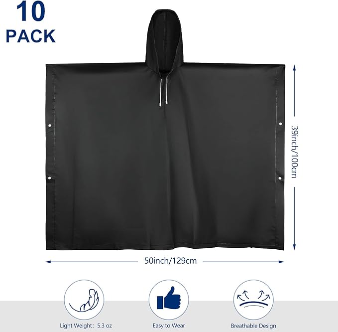 Zhehao 10 Pcs 10 Pcs Rain Ponchos for Adults with Drawstring Hood Reusable Raincoats Waterproof Thickened Rain Jacket for Men Women (Black)