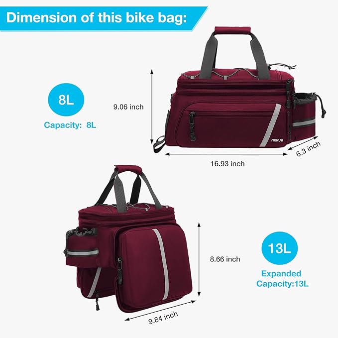 MOSISO Bike Rack Bag with Rain Cover, Bike Trunk Cooler Handag Insulated Bicycle Rear Seat Pouch with 2 Side Foldable Panniers, 8L Cycling Backseat Storage Cargo Saddle Shoulder Bag, Wine Red
