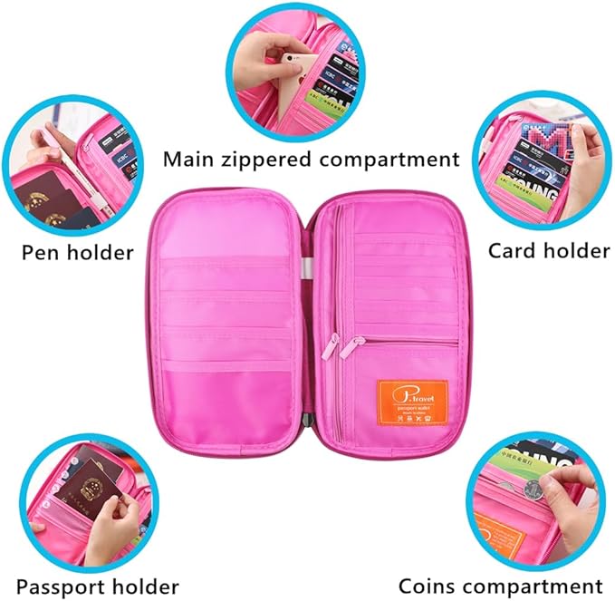 VanFn RFID Travel Passport Wallet, Family Passport Holder, Trip Document Organizer P.Travel Series (Rose Red)