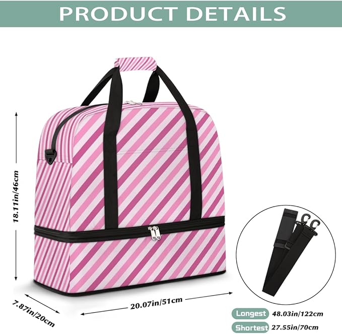 Pink Diagonal Stripes Large Weekender Bag with Shoe Compartment Travel Duffel Bags for Women Carry On Hospital Overnight Bag Foldable Personal Item Travel Bags Tote Gym Sports Airplanes