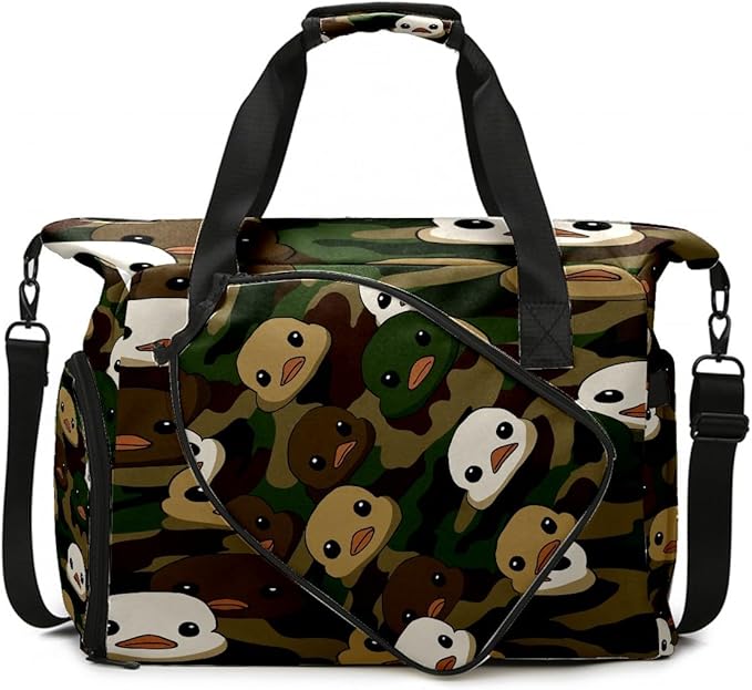 Duck Camouflage Gym Bag for Women & Tennis Bag, Large Sports Duffel Bag Waterproof with Ventilated Shoe Compartment & Front Racket Sleeve, Lightweight Travel Weekender Overnight Bag