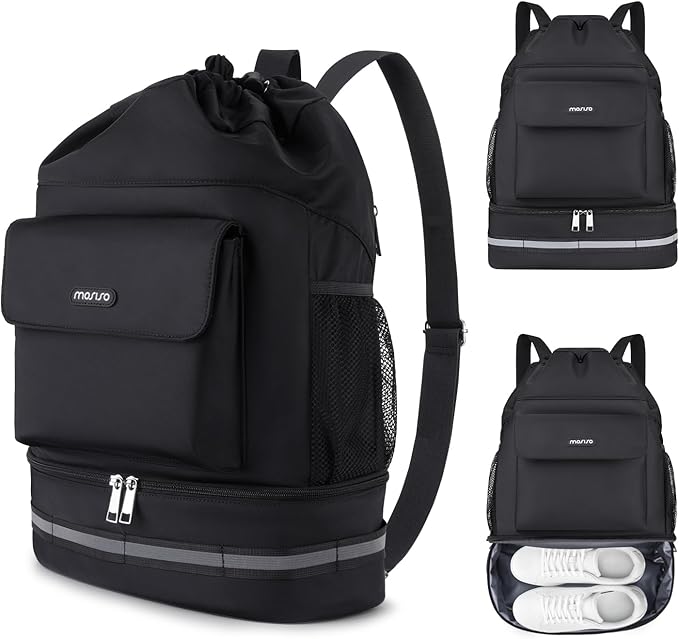 MOSISO Gym Bag for Women Men, Sports Drawstring Backpack with Shoes Compartmentt&Front Pocket, Travel Duffle Fitness Bag for Travel, Sports, Yoga, Black