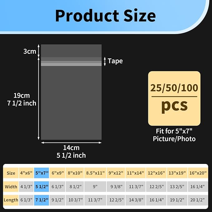 5x7 Photo Sleeves - Acid Free 1.57 mil (Single Side) Thick Heavy Duty 5x7 Cellophane Bags Self Adhesive Crystal Clear Plastic Sleeves for Photo Paper Cardstock, 25 Pack
