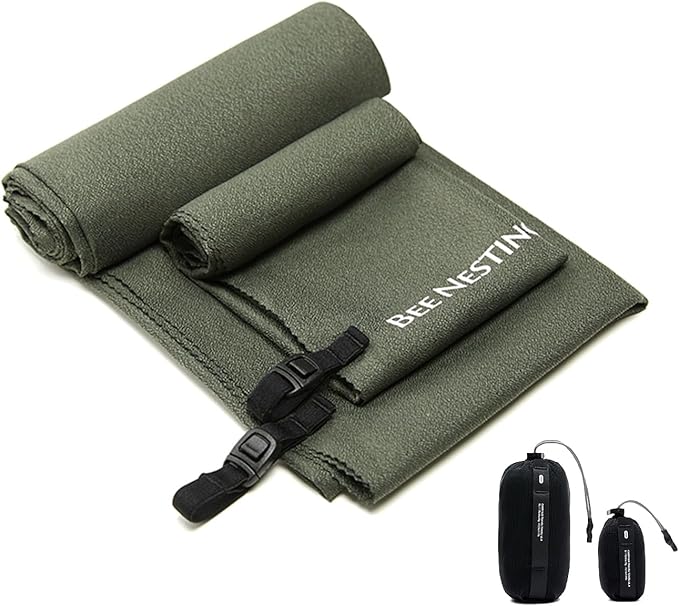 Bee Nesting Ultralight Quick Dry Towels in XLarge & Small Sizes with Compact Packable Pocket Microfiber Towel for Backpacking Travel Beach Hiking Swimming Sports & Yoga (Olive drab 2 Set)
