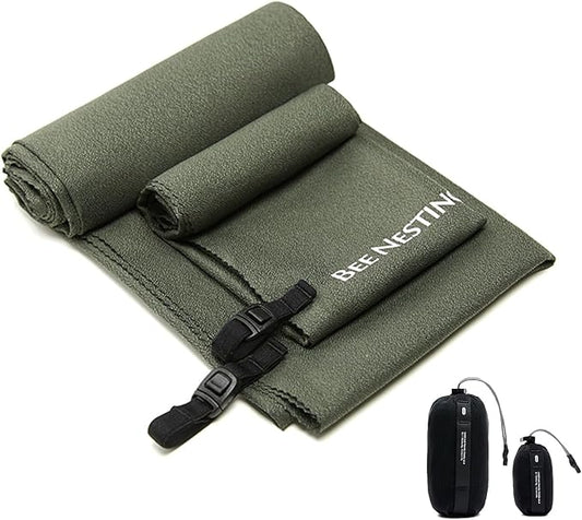 Bee Nesting Ultralight Quick Dry Towels in XLarge & Small Sizes with Compact Packable Pocket Microfiber Towel for Backpacking Travel Beach Hiking Swimming Sports & Yoga (Olive drab 2 Set)