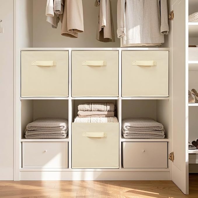 11 Inch Fabric Storage Cubes, Sturdy Foldable Storage Bins, Heavy Duty Cube Organizer for Clothes, Blankets, Shelves, Closets, Bedroom, Living Room, Beige, 12 Pack
